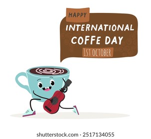 International coffee day with cute blue coffee cup, mug character and greeting text isolated on white brown background. Coffee day poster, flyer, label sticker, funny banner.