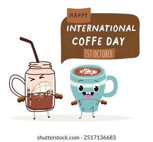 International coffee day with cute blue coffee cup, mug character and greeting text isolated on white brown background. Coffee day poster, flyer, label sticker, funny banner.