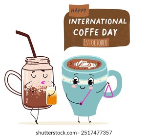 International coffee day with cute blue coffee cup, mug character and greeting text isolated on white brown background. Coffee day poster, flyer, label sticker, funny banner.