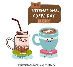 International coffee day with cute blue coffee cup, mug character and greeting text isolated on white brown background. Coffee day poster, flyer, label sticker, funny banner.