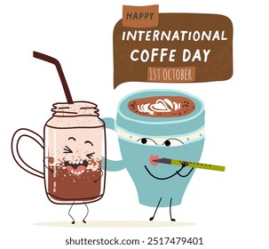 International coffee day with cute blue coffee cup, mug character and greeting text isolated on white brown background. Coffee day poster, flyer, label sticker, funny banner.