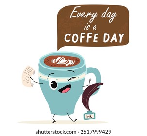 International coffee day with cute blue coffee cup, mug character and greeting text isolated on white brown background. Coffee day poster, flyer, label sticker, funny banner.