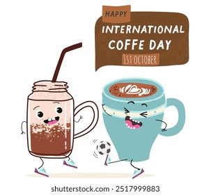 International coffee day with cute blue coffee cup, mug character and greeting text isolated on white brown background. Coffee day poster, flyer, label sticker, funny banner.