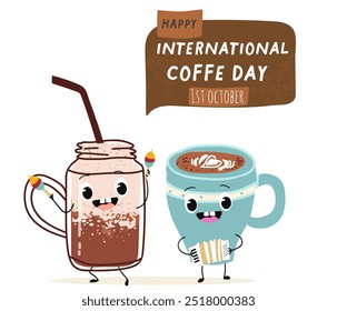 International coffee day with cute blue coffee cup, mug character and greeting text isolated on white brown background. Coffee day poster, flyer, label sticker, funny banner.