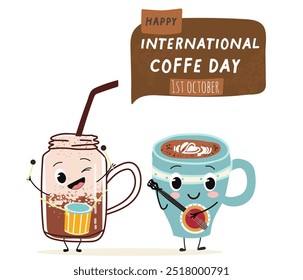 International coffee day with cute blue coffee cup, mug character and greeting text isolated on white brown background. Coffee day poster, flyer, label sticker, funny banner.