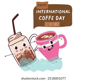 International coffee day with cute blue coffee cup, mug character and greeting text isolated on white brown background. Coffee day poster, flyer, label sticker, funny banner.