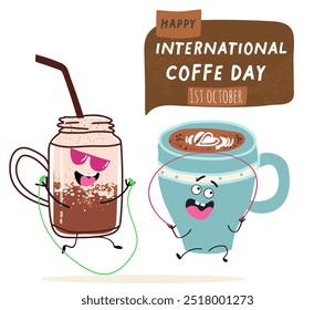 International coffee day with cute blue coffee cup, mug character and greeting text isolated on white brown background. Coffee day poster, flyer, label sticker, funny banner.