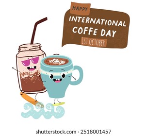 International coffee day with cute blue coffee cup, mug character and greeting text isolated on white brown background. Coffee day poster, flyer, label sticker, funny banner.