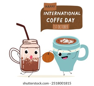 International coffee day with cute blue coffee cup, mug character and greeting text isolated on white brown background. Coffee day poster, flyer, label sticker, funny banner.