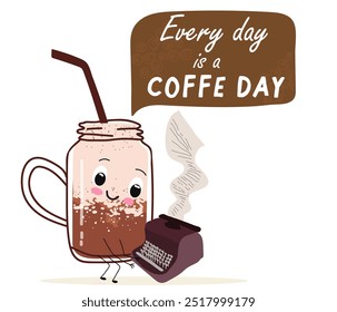 International coffee day with cute  coffee glass jar character and greeting text isolated on white brown background. Coffee day poster, flyer, label sticker, funny banner.