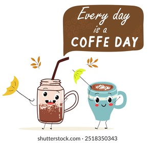 International coffee day with cute  coffee glass jar, mug, cup character and greeting text isolated on white brown background. Coffee day poster, flyer, label sticker, funny banner.