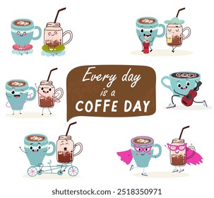 International coffee day with cute  coffee glass jar, cup, mug characters set and greeting text isolated on white brown background. Coffee day poster, flyer, label sticker, funny banner.