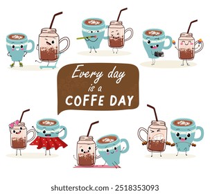 International coffee day with cute  coffee glass jar, cup, mug characters set and greeting text isolated on white brown background. Coffee day poster, flyer, label sticker, funny banner.