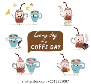 International coffee day with cute  coffee glass jar, cup, mug characters set and greeting text isolated on white brown background. Coffee day poster, flyer, label sticker, funny banner.