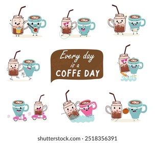 International coffee day with cute  coffee glass jar, cup, mug characters set and greeting text isolated on white background. Coffee day poster, flyer, label sticker, funny banner.