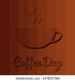 International Coffee Day design. Paper cut style cup with "Coffee Day" inscription. Hot beverage poster with mug icon, steam on bright brown background. Cutout with shadow. Vector illustration