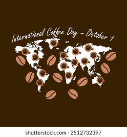 Día Internacional del Café Anuncio de bebidas de evento. Mapa del mundo con tazas de café esparcidas por todo el mundo sobre fondo marrón oscuro para celebrar el 1 de octubre