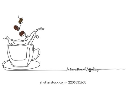 International Coffee day first October. Coffee lovers. Coffee cup on saucer with inscription. Coffee time Continuous one line drawing, Hot beverage with steam and lettering Vector minimalist vectors. 
