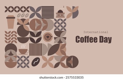 International coffee day. Geometric horizontal banner with traditional coffee elements. Espresso day. Vector illustration