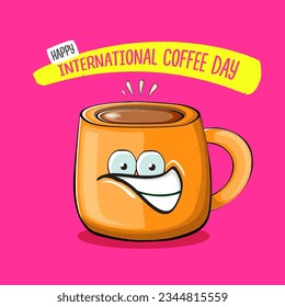 Ilustración gráfica del día internacional del café con un lindo personaje de taza de café naranja y texto de saludo aislado en fondo rosa. Afiche de dibujos animados del día del café, volante, etiqueta adhesiva, banner divertido