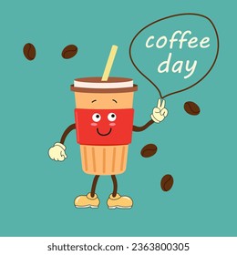 International Coffee Day graphic illustration with cute coffee cup character and greeting text isolated on green background.Coffee day cartoon poster, flyer, label sticker,banner.