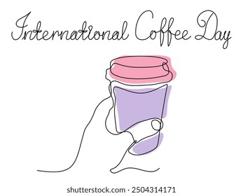 International Coffee Day. hand with a cup of coffee,continuous one line art hand drawing sketch, logo