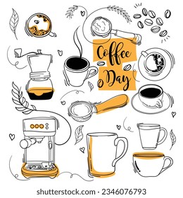 International coffee day with hand drawn of coffee in vintage wallpaper design