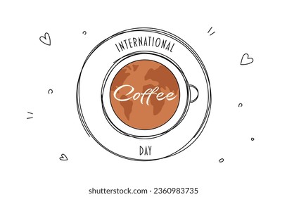 International coffee day hand drawn llustration on white background. Coffee cup with planet earth in doodle style. Suitable for banners, greeting cards, posters, logo