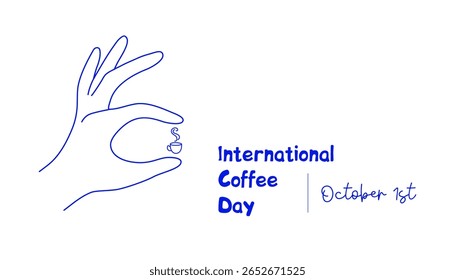 International Coffee Day. Hand gesture with coffee cup. Minimalistic hand drawn linear vector illustration in blue. 