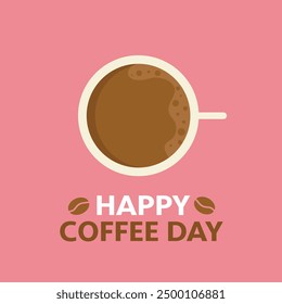 International Coffee Day. Happy Coffee Day text with coffee cup. Isolated on Pink.