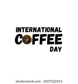 International Coffee Day. Happy Coffee Day text with coffee cup with coffee beans Isolated on brown