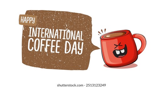 International coffee day horizontal banner with cute red coffee cup character and greeting text isolated on white brown background. Coffee day cartoon poster, flyer, label sticker, funny banner