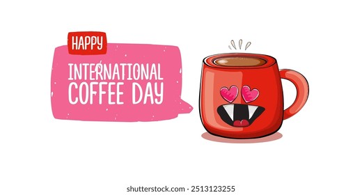 International coffee day horizontal banner with cute red coffee cup character and greeting text isolated on white brown background. Coffee day cartoon poster, flyer, label sticker, funny banner