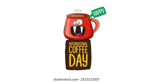 International coffee day horizontal banner with cute red coffee cup character and greeting text isolated on white brown background. Coffee day cartoon poster, flyer, label sticker, funny banner