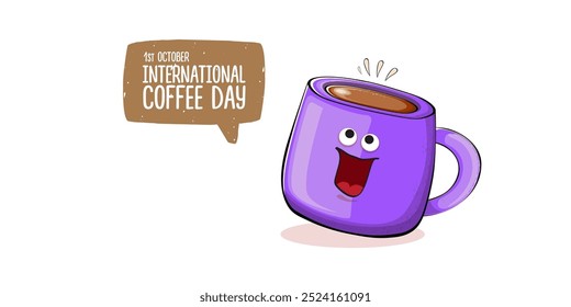 International coffee day horizontal banner with cute violet coffee cup character and greeting text isolated on white brown background. Coffee day cartoon poster, flyer, label sticker, funny banner