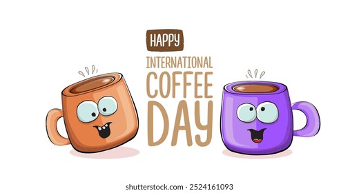 International coffee day horizontal banner with cute violet coffee cup character and greeting text isolated on white brown background. Coffee day cartoon poster, flyer, label sticker, funny banner