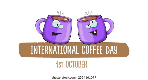 International coffee day horizontal banner with cute violet coffee cup character and greeting text isolated on white brown background. Coffee day cartoon poster, flyer, label sticker, funny banner