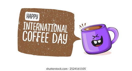 International coffee day horizontal banner with cute violet coffee cup character and greeting text isolated on white brown background. Coffee day cartoon poster, flyer, label sticker, funny banner