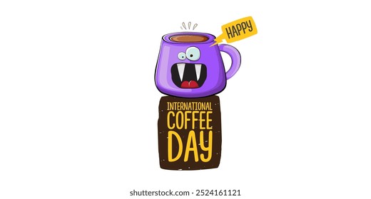 International coffee day horizontal banner with cute violet coffee cup character and greeting text isolated on white brown background. Coffee day cartoon poster, flyer, label sticker, funny banner