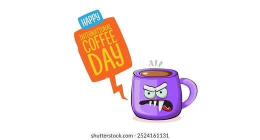 International coffee day horizontal banner with cute violet coffee cup character and greeting text isolated on white brown background. Coffee day cartoon poster, flyer, label sticker, funny banner