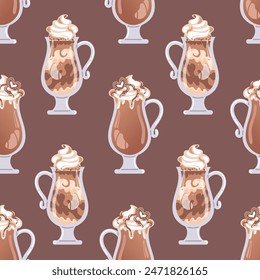 International Coffee Day. Hot drinks. Seamless pattern with coffee, cocoa, cappuccino. In warm earthy tones. For wallpaper, fabric, wrapping, background.