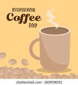 international coffee day and hot mug with beans design of drink caffeine breakfast and beverage theme Vector illustration