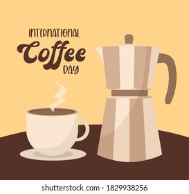 international coffee day with kettle and cup design of drink caffeine breakfast and beverage theme Vector illustration