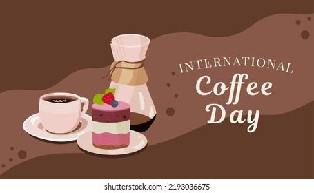 International Coffee Day, coffee maker with coffee mug and cake. Vector illustration