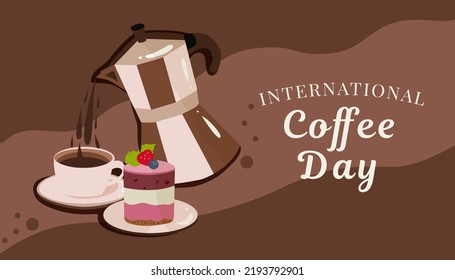 International Coffee Day, coffee maker with coffee mug and cake. Vector illustration