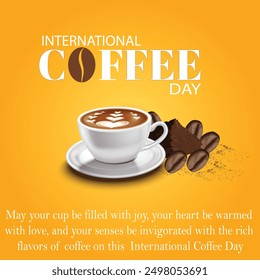 International coffee day with Coffee mug and powder of beans also a beans with orange color gradient backgrounds 