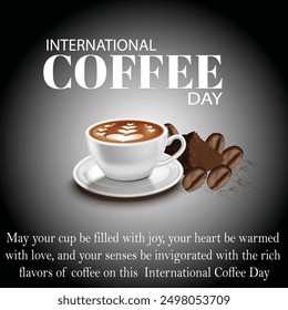 International coffee day with Coffee mug and powder of beans also a beans with black and white backgrounds