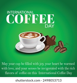 International coffee day with Coffee mug and powder of beans also a beans with green color gradient background 