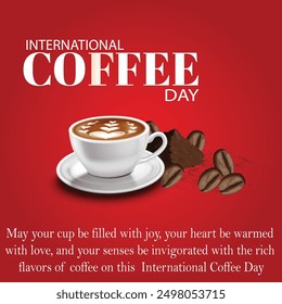 International coffee day with Coffee mug and powder of beans also a beans with Red gradient background also with texture