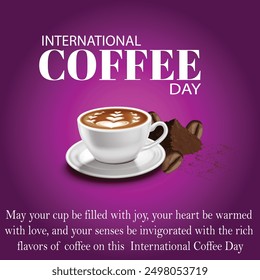 International coffee day with Coffee mug and powder of beans also a beans with Purple gradient background with text